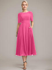 A-line Scoop Tea-Length Chiffon Mother of the Bride Dress With Appliques Lace Sequins