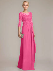 A-line Scoop Illusion Floor-Length Chiffon Lace Mother of the Bride Dress With Beading Sequins Cascading Ruffles