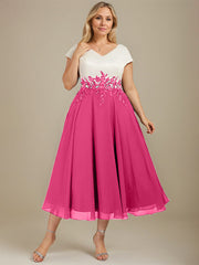 A-line V-Neck Tea-Length Satin Chiffon Mother of the Bride Dress With Appliques Lace