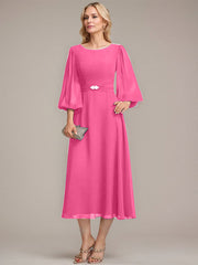 A-line Scoop Tea-Length Chiffon Mother of the Bride Dress With Crystal Brooch Pleated