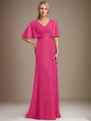 A-line V-Neck Floor-Length Chiffon Mother of the Bride Dress With Sequins Appliques Lace Pleated