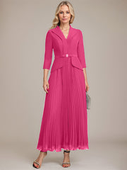 A-line Collared V-Neck Ankle-Length Chiffon Mother of the Bride Dress With Beading Pleated