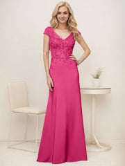 A-Line V-Neck Sweep Train Elastic Mother Of The Bride Dresses With Lace