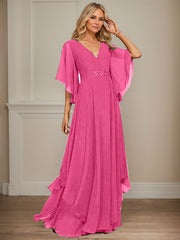 A-line V-Neck Floor-Length Chiffon Mother of the Bride Dress With Sequins Appliques Lace Beading