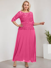 A-line Scoop Illusion Ankle-Length Chiffon Lace Mother of the Bride Dress With Rhinestone Beading