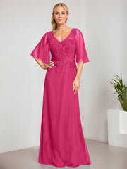A-line V-Neck Floor-Length Lace Chiffon Mother of the Bride Dress With Sequins Beading