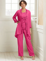 Elegant Appliques 3 Pieces Chiffon Mother of The Bride Jumpsuit with Wrap