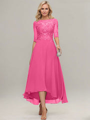 A-line Illusion Boat Neck Asymmetrical Chiffon Lace Mother of the Bride Dress With Sequins Beading