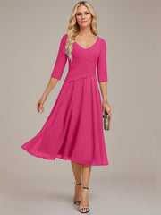 A-line V-Neck Tea-Length Chiffon Mother of the Bride Dress With Pleated