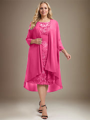 Sheath/Column Scoop Illusion Knee-Length Lace Chiffon Mother of the Bride Dress With Cascading Ruffles Sequins