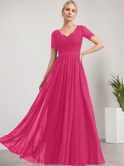 A-line V-Neck Floor-Length Lace Chiffon Mother of the Bride Dress