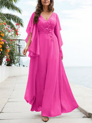 A-Line V-Neck Floor-Length Chiffon Mother Of The Bride Dresses With Appliques Lace