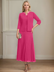 Separates A-line Scoop Tea-Length Chiffon Mother of the Bride Dress With Sequins Beading