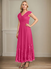 A-line V-Neck Ankle-Length Chiffon Mother of the Bride Dress With Bow Sequins Appliques Lace