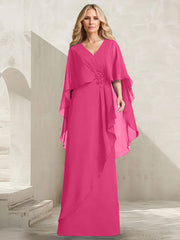A-line V-Neck Floor-Length Chiffon Mother of the Bride Dress With Cascading Ruffles Beading