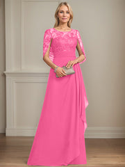 A-line Scoop Illusion Floor-Length Lace Chiffon Mother of the Bride Dress With Cascading Ruffles Sequins