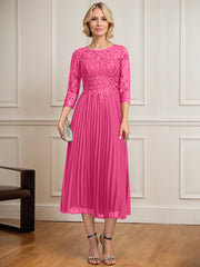A-line Scoop Illusion Tea-Length Lace Chiffon Mother of the Bride Dress With Sequins Pleated