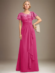 A-line Asymmetrical Illusion Floor-Length Lace Chiffon Mother of the Bride Dress With Cascading Ruffles Sequins