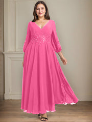 A-line V-Neck Ankle-Length Lace Chiffon Mother of the Bride Dress With Sequins