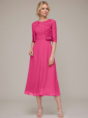 A-line/Princess Scoop Tea-Length Chiffon Mother of the Bride Dress With Lace Jacket