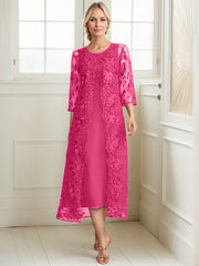 A-line Scoop Tea-Length Lace Chiffon Mother of the Bride Dress