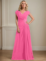 A-line V-Neck Floor-Length Chiffon Mother of the Bride Dress With Pleated Sequins Beading