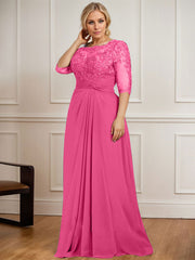 A-line Scoop Illusion Floor-Length Chiffon Lace Mother of the Bride Dress With Pleated Sequins Beading