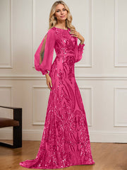 Trumpet/Mermaid Boat Neck Illusion Sweep Train Chiffon Sequin Evening Dress