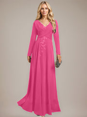 A-line V-Neck Floor-Length Stretch Crepe Evening Dress With Pleated Sequins Appliques Lace