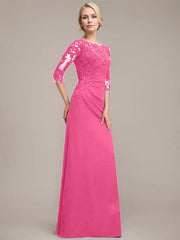 A-line Scoop Floor-Length Chiffon Lace Mother of the Bride Dress With Sequins Beading Pleated