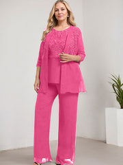 Separates Pantsuit Scoop Floor-Length Lace Chiffon Mother of the Bride Dress With Sequins