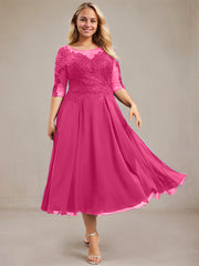 A-line Scoop Illusion Tea-Length Lace Chiffon Mother of the Bride Dress With Sequins