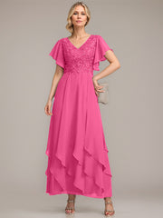 A-line V-Neck Ankle-Length Lace Chiffon Mother of the Bride Dress With Cascading Ruffles