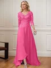 A-Line V-Neck 3/4 Sleeves Chiffon Mother Of The Bride Dresses With Lace