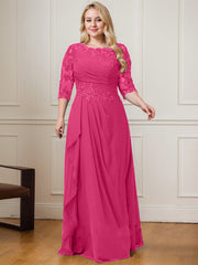 A-line Scoop Floor-Length Lace Chiffon Mother of the Bride Dress With Cascading Ruffles Sequins