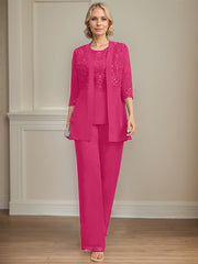Jumpsuit/Pantsuit Separates Scoop Floor-Length Chiffon Lace Mother of the Bride Dress With Sequins