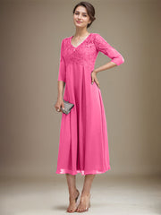 A-line V-Neck Tea-Length Chiffon Lace Mother of the Bride Dress With Beading