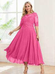 A-line Illusion Boat Neck Asymmetrical Chiffon Lace Mother of the Bride Dress With Sequins Beading