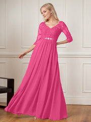 A-Line Floor-Length V-Neck Lace Chiffon Mother of the Bride Dress