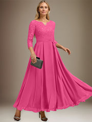 A-line V-Neck Ankle-Length Chiffon Lace Mother of the Bride Dress With Rhinestone