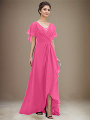 A-line V-Neck Asymmetrical Chiffon Mother of the Bride Dress With Sequins Beading Cascading Ruffles