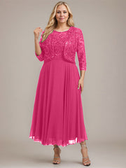 A-line Boat Neck Illusion Tea-Length Lace Chiffon Mother of the Bride Dress With Sequins