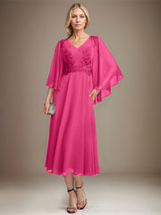 A-line V-Neck Tea-Length Chiffon Lace Mother of the Bride Dress With Sequins Beading