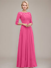 A-line Boat Neck Illusion Floor-Length Chiffon Lace Mother of the Bride Dress With Sequins Beading