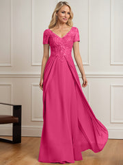 A-line V-Neck Floor-Length Chiffon Lace Mother of the Bride Dress