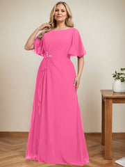 A-line Scoop Floor-Length Chiffon Mother of the Bride Dress With Cascading Ruffles Beading Sequins