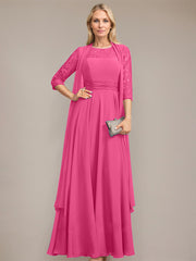 A-line Scoop Illusion Floor-Length Lace Chiffon Mother of the Bride Dress With Pleated