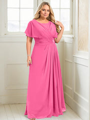 A-line Scoop Floor-Length Chiffon Mother of the Bride Dress With Pleated Beading