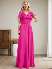 A-line V-Neck Floor-Length Lace Chiffon Mother of the Bride Dress With Sequins