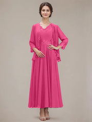 A-line V-Neck Ankle-Length Chiffon Mother of the Bride Dress With Sequins Appliques Lace Beading